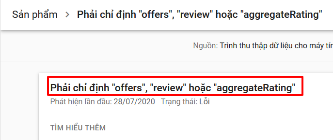 phải chỉ định “offers”, “review” hoặc “aggregaterating